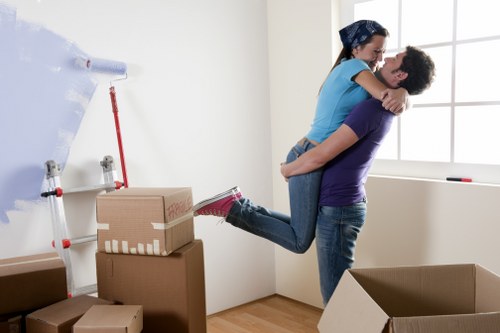 Packed office equipment and furniture ready for relocation in Elephantandcastle