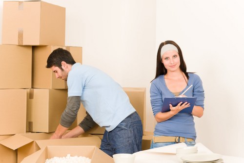 Packed household boxes ready for a home move in Elephantandcastle
